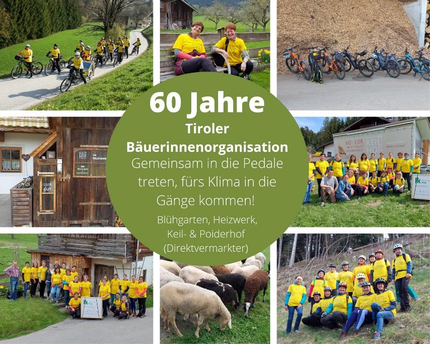 Ist mglicherweise ein Bild von 12 Personen, auen und Text KELSCHRANI GUT. 60 Jahre Tiroler Buerinnenorganisation Gemeinsam in die Pedale treten, frs Klima in die Gnge kommen! Blhgarten, Heizwerk, Keil- & Poiderhof (Direktvermarkter)
