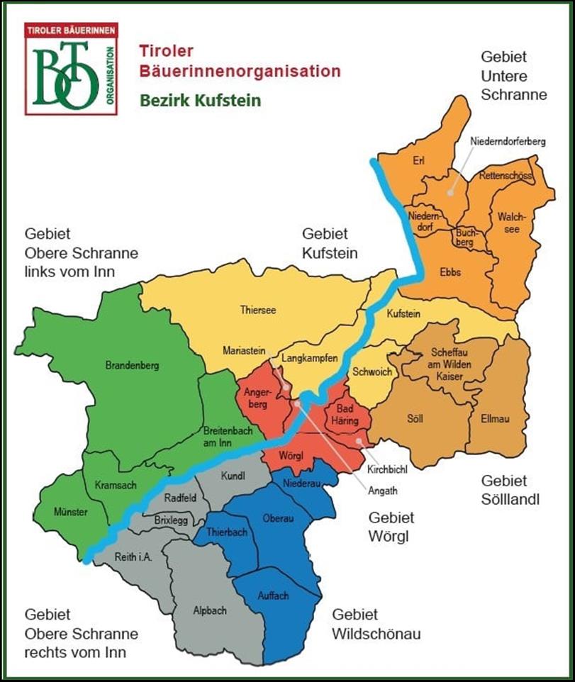 Ist mglicherweise ein Bild von Karte und Text TIROLER BAUERINNEN B KApN Tiroler Bauerinnenorganisation Bezirk Kufstein Gebiet Untere Schranne Niederndorferberg Gebiet Obere Schranne links vom Inn Gebiet Kufstein Walch- see Ebbs Thiersee Kufstein Brandenberg Mariastein Langkampfen Schwoich Anger berg Schau am Wilden Kaiser Breitenbach am Inn Hring Sll Kramsach Wrgl Ellmau Kundl Mnster Radfeld Brixdegg Oberau Kirchbichl Angath Gebiet Wrgl ReithiA. Gebiet Slllandl Alpbach Gebiet Obere Schranne rechts vom Inn Gebiet Wildschnau